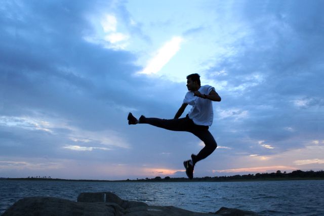 Athletic man performing a high kick in silhouette by the ocean during sunset. Ideal for use in sports, inspiration, martial arts, fitness, or nature-themed content.