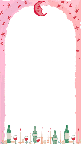 Hand-drawn vintage frame wine glass crescent moon background