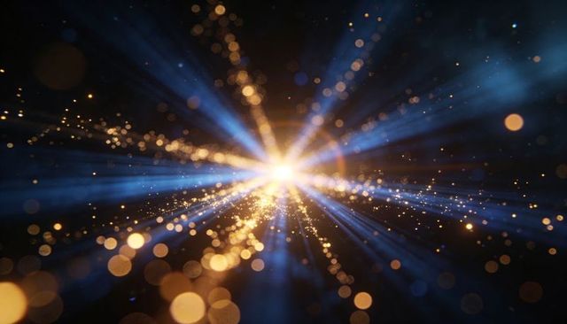 Radiating energy burst casting blue beams and golden particles creating futuristic cosmic glow