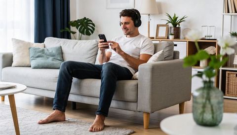 Relaxed man using smartphone while listening to music on sofa in modern living room