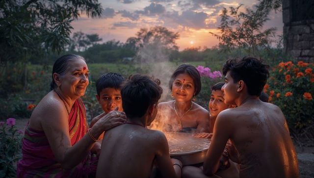 Multigenerational indian family sharing evening ritual around steaming basin at sunset