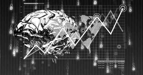 Chrome Brain Overlaying World Data Grid Visualizing Neural Network Analytics and AI Growth