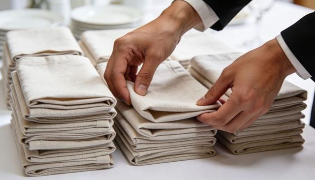 Server arranging folded linen napkins on banquet table for elegant dining events