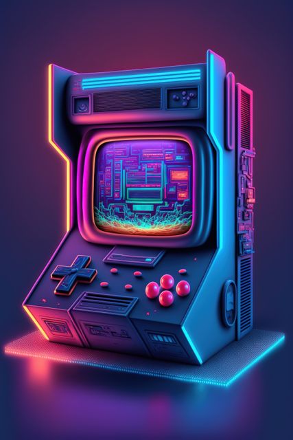 Retro arcade machine features vivid neon lights and futuristic interface, combining nostalgic and cyberpunk aesthetics. Ideal for illustrating 80s-inspired designs, gaming culture, and technology evolution. Suitable for blogs, websites, and advertisements celebrating vintage gaming and colorful visual experiences.