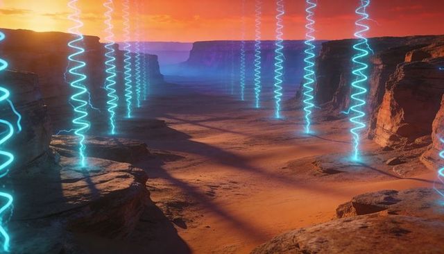 Descending cyan helical light pillars bathing desert canyon sunset futuristic landscape