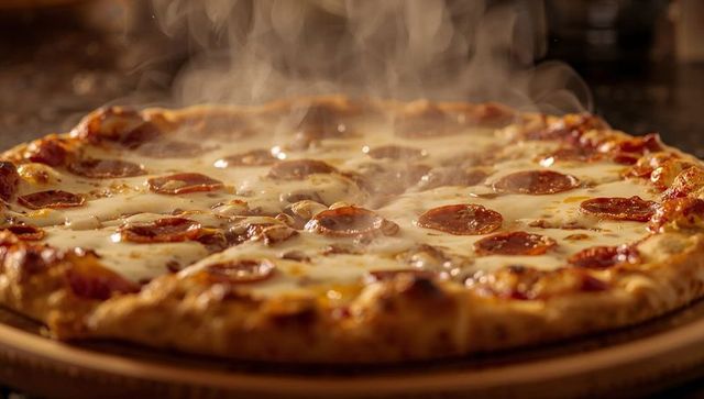 Steaming pepperoni pizza with bubbling mozzarella and golden crust on wooden peel