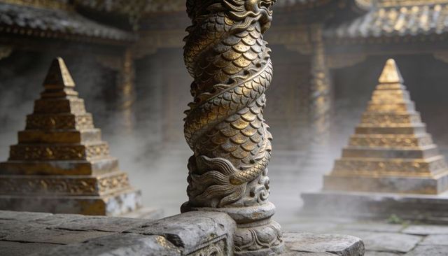 Gilded dragon column in misty temple courtyard with weathered stone pagodas