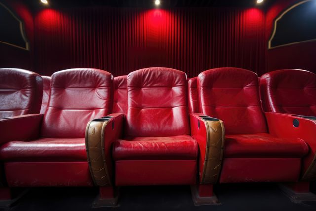Empty red seats in a cinema create an inviting atmosphere for movie enthusiasts. The plush chairs and dim lighting set the stage for an immersive film experience.