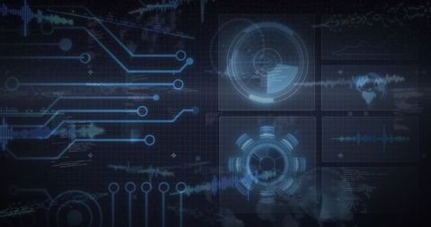 Futuristic holographic dashboard displaying radar sweeps, waveform telemetry, circuit grid