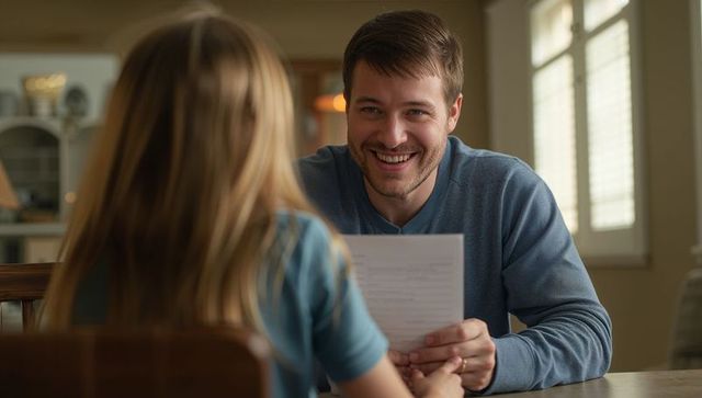 Father smiling while reviewing child's schoolwork at kitchen table encouraging family learning