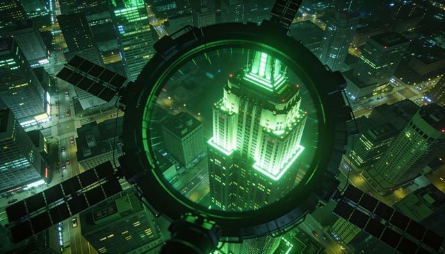 Aerial neon framing skyscraper glowing green inside circular ring over downtown night