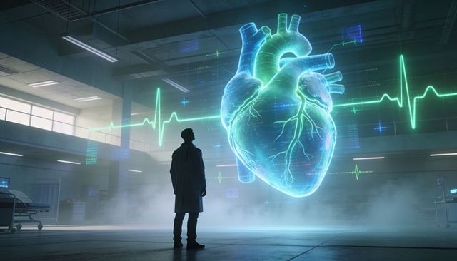 Silhouetted researcher studying holographic heart with neon ecg in futuristic medical lab