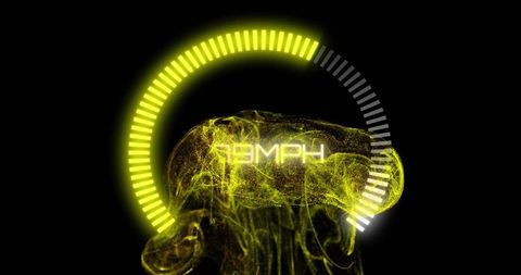 Neon yellow particle hud speed gauge displaying 79mph futuristic glowing interface element