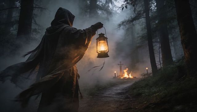 Hooded cloaked figure holding lantern on misty forest path near burning altar and cross