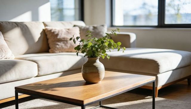 Sunlit living room styling with ceramic vase casting warm shadows on wooden coffee table