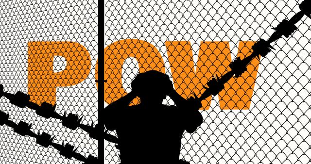 Illustration of pow text and frustrated prisoner trapped behind barbed wires and chainlink fence. National pow, military, imprison, honor, vietnam war, memorial event and patriotism concept.