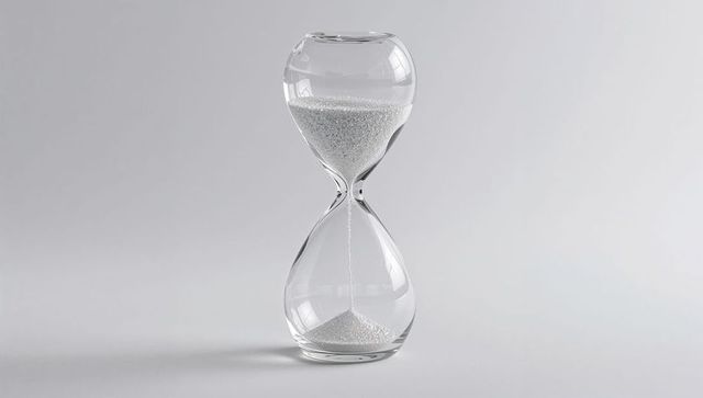 Elegant clear glass hourglass with flowing white sand in minimalist setting