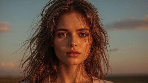 Serene sunlit portrait of beautiful lady in nature at golden hour