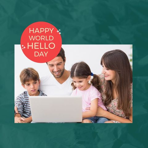 happy world hello day with smiling family on laptop - Download Free Stock Templates Pikwizard.com