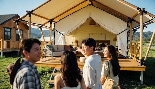 Asian friends enjoying glamping weekend near luxury canvas tent and cabin in mountains
