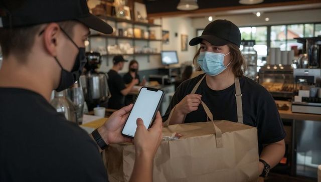 Masked barista handing takeout bag while customer showing mobile order at café counter