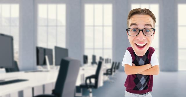 Digital composite of Happy nerdy businessman standing arms crossed in office