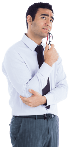 Thoughtful biracial businessman isolated with transparent background
