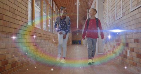 Happy School Friends Walking with Rainbow Glow