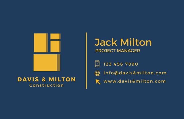 This modern business card template is perfect for a construction project manager looking for a professional and minimalist design. The dark blue background highlights the gold text and geometric shapes, reinforcing a sense of sophistication and corporate identity. It contains contact information including phone number, email, and website, making it ideal for networking events, business meetings, or client introductions.