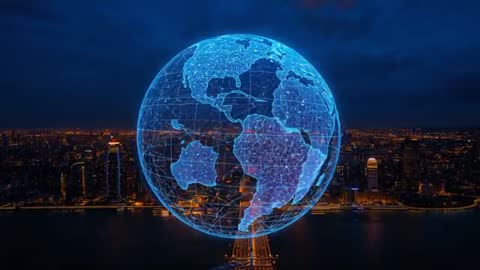 Rotating holographic globe hovering above illuminated bridge and river at night