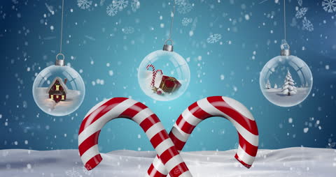 Festive Candy Canes and Christmas Baubles in Snowfall