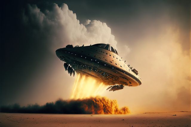 Spaceship hovering above sandy desert illuminated by dramatic sunset light. Suspenseful atmosphere perfect for sci-fi themes, book covers, and adventure or mystery story illustrations.