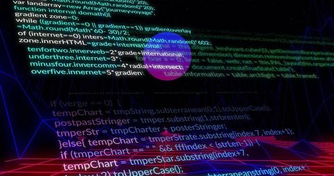 Futuristic code with neon grid and hovering sphere in cyberspace