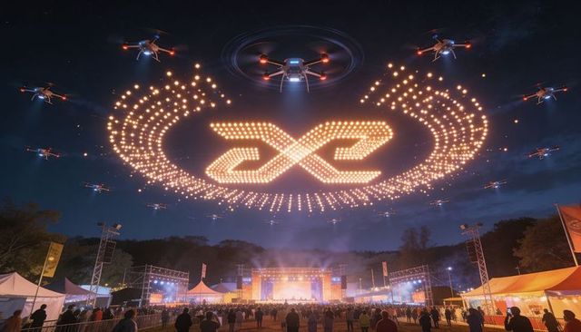 Drone light formation creating giant illuminated logo above night concert festival crowd