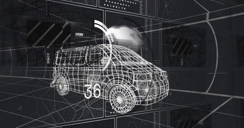 Rotating Wireframe Van HUD Showing 3D Blueprint Scan and Augmented Reality Interface