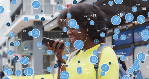 Futuristic Communication Network with Smiling Woman Using Smartphone