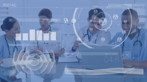 Diverse Medical Team Analyzing Digital Data Interface
