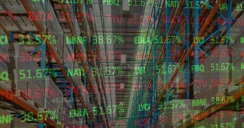 Stock Data Overlaying Warehouse Aisle Representing Global Trade - Download Free Stock Images Pikwizard.com
