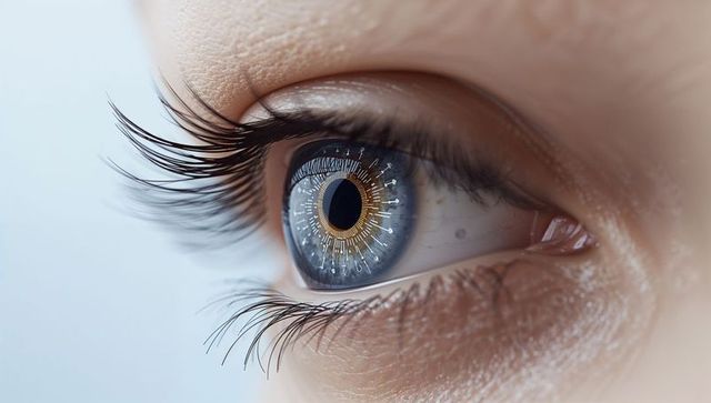 Macro closeup blue iris with golden biometric ring and futuristic circuit reflections