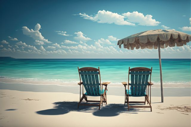 Deckchairs and parasol on sunny beach, created using generative ai technology. Beach holiday, summer and vacation concept digitally generated image.