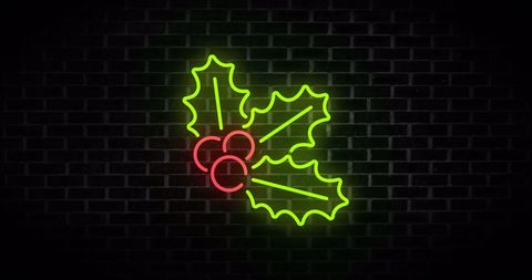 Festive Neon Holly Lights Against Brick Wall