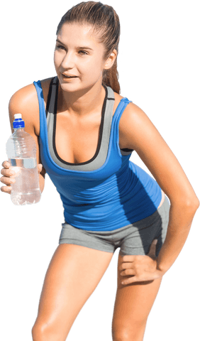 Active Caucasian Woman in Sportswear with Water Bottle on Transparent Background