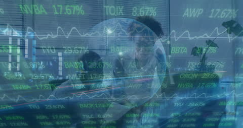 Colleagues Analyzing Stock Market Data with Global Finance Overlay