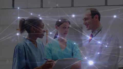 Diverse Medical Team Discussing with Digital Network Concepts