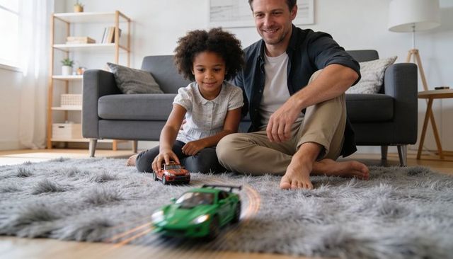 Father playing with daughter using toy cars on plush gray rug in sunlit living room