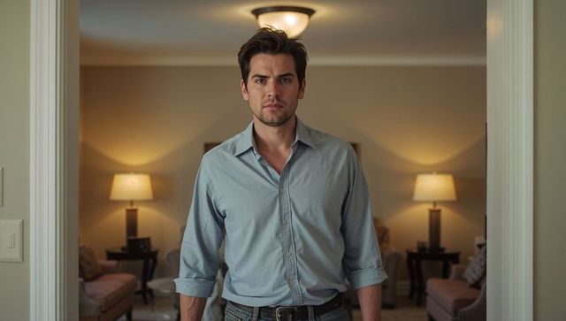 Young man standing in doorway facing forward in warm living room with lamps and cushions