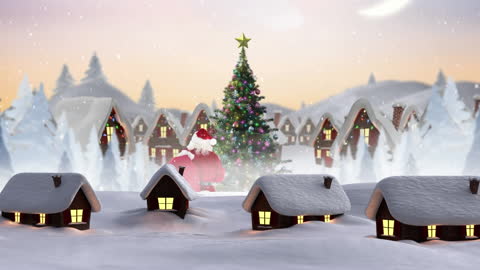 Charming Christmas Snowfall in Winter Village with Decorated Tree
