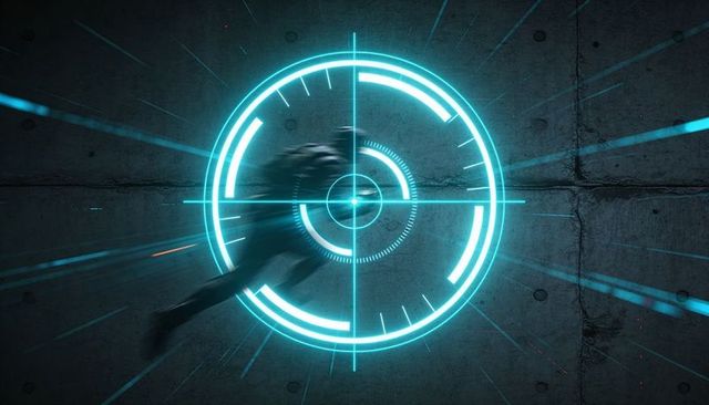 Cyan hud reticle tracking blurred runner moving across concrete