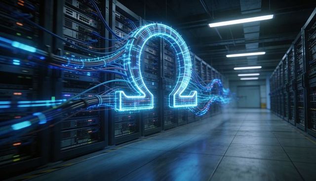 Neon Holographic Omega Connecting Server Racks and Fiber Cables in Futuristic Data Center