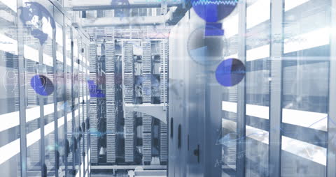 Futuristic Data Center with Digital Interfaces Overlay